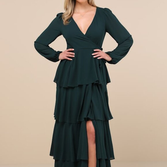 Lulus Dresses & Skirts - Lulus Marvelous Grace Emerald Long Sleeve Tiered Wrap Maxi Dress Green - Size XS